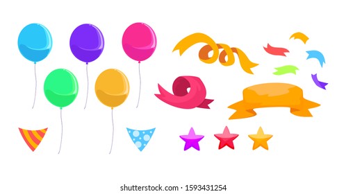 Set of birthday party element vector illustration with cute design. suitable for birthday party, wedding celebration. greeting card. Colorful balloons, flags, confetti, decorative ribbons