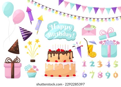 Set of Birthday party elements. Cartoon holiday elements set. Flags or light garlands. Present cake, candle, gift box, cupcake. Festive objects with design elements