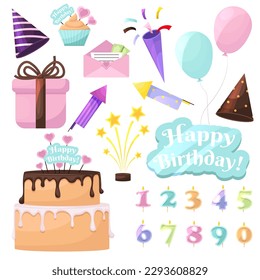 Set of Birthday party elements. Cartoon holiday elements set. Flags or light garlands. Present cake, candle, gift box, cupcake. Festive objects with design elements