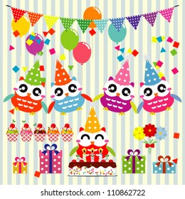 Set of birthday party elements with cute owls. Vector illustration