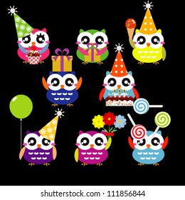 Set of birthday party elements with cute owls. Vector illustration