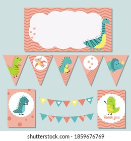 Conjunto de elementos de fiesta de cumpleaños con lindos dinosaurios. Paquete de fiesta de cumpleaños.