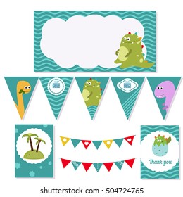 Set of birthday party elements with cute pirate and pirate objects. Birthday party package. Pirate adventure theme.
