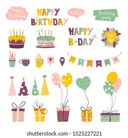 Set with Birthday party elements (flags, cakes, balloons, gift boxes, hats, text) for greeting cads, invitations design. Vector illustration