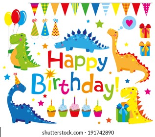 set of Birthday party elements with funny dinosaurs 