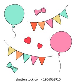 Set of birthday party elements. Hand drawn doodle outline vector illustration.