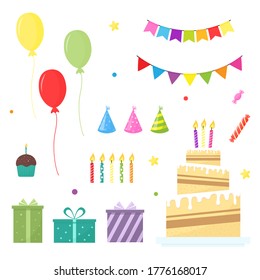 Set of birthday party elements including cake, candles, balloons, gifts, candy, hats, cupcake. Isolated on white. Vector illustration in flat style