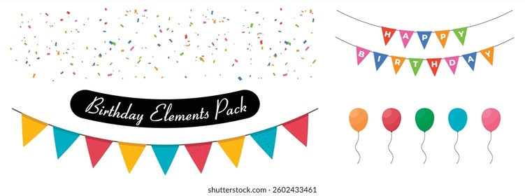 Set of birthday party elements isolated on white background