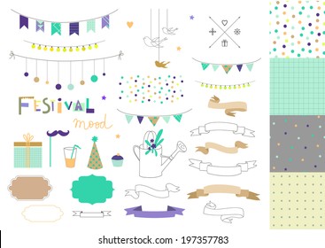 Set of birthday party elements plus four seamless patterns. Vector. Isolated.