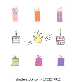 Set of birthday party elements. Vector isolated on white backgrond. Gift boxes, birthday cake, crown. Colorful set for party. Happy birthday. Celebration icons. Birthday decoration illustration