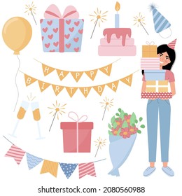 Set of birthday party elements vector illustration. Gift boxes, balloon, cake with candles, bengal light, party hats.