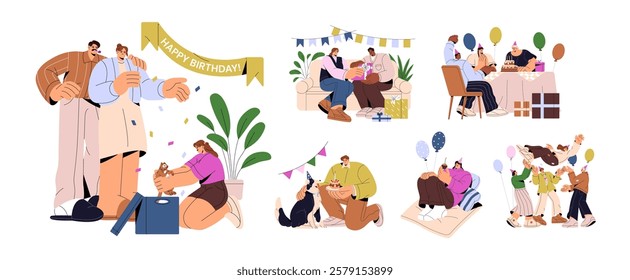 Set of birthday party. Friends with cake, balloons congratulate with holiday. Family presents festive gifts. Person celebrates anniversary alone. Flat isolated vector illustrations on white background