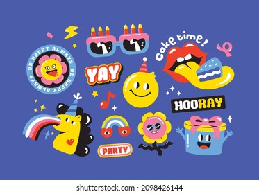 Set of  birthday party funny and cute characters design. Stickers and patches vector illustration.