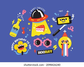 Set of  birthday party funny and cute characters design. Stickers and patches vector illustration.