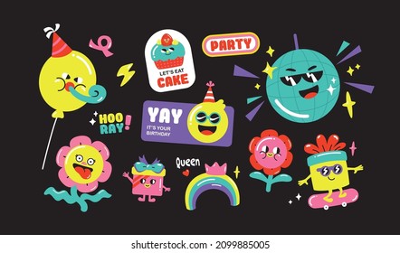 Set of birthday party funny and cute characters design. Stickers and patches vector illustration.