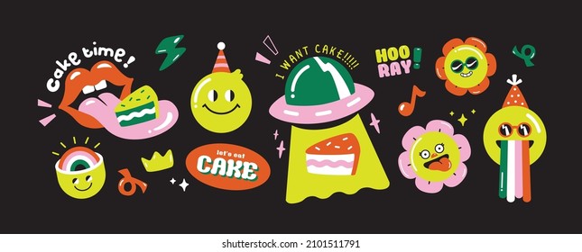 Set of birthday party funny and cute characters design. Stickers and patches vector illustration.