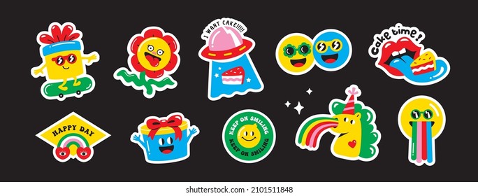 Set of birthday party funny and cute characters design. Stickers and patches vector illustration.