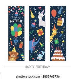 Set of Birthday party greeting card templates with cute animals on dark background. Anniversary vertical invitation for kids. Bright holiday bookmark illustration with funny characters