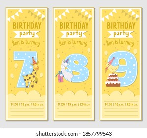 Set of Birthday party greeting card templates with cute animals and 7, 8, 9 numbers. Anniversary vertical poster or invitation for kids. Holiday bookmark illustration with giraffe, llama, bird
