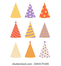 Set of birthday party hats. Flat vector isolated illustration