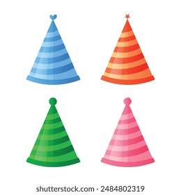 Set of Birthday party hats illustration, colored hat cones with cute decoration for party celebration