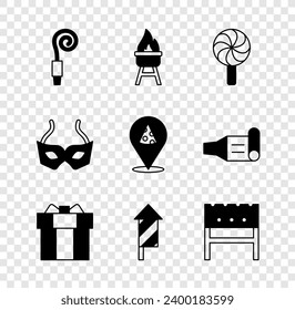 Set Birthday party horn, Barbecue grill, Lollipop, Gift box, Firework rocket, BBQ brazier, Festive mask and Slice of pizza icon. Vector