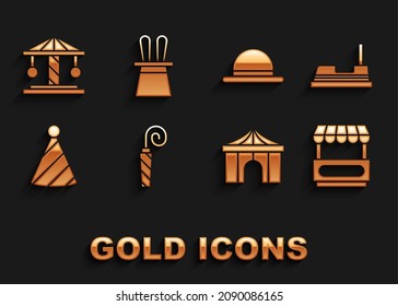 Set Birthday party horn, Bumper car, Fast street food cart, Circus tent, Party hat, Clown, Attraction carousel and Magician and rabbit ears icon. Vector