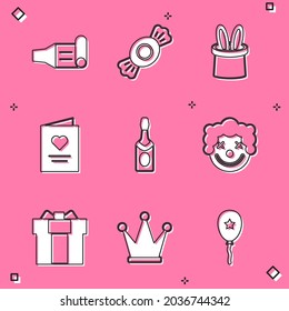 Set Birthday party horn, Candy, Magician hat rabbit ears, Postcard with heart, Champagne bottle, Clown head, Gift box and Crown icon. Vector