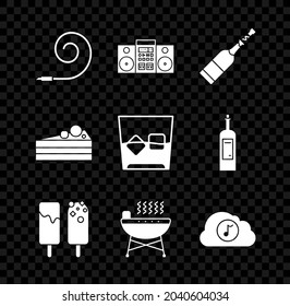 Set Birthday party horn, Home stereo with two speakers, Champagne bottle, Ice cream, Barbecue grill, Music streaming service, Cake and Glass of whiskey and cubes icon. Vector