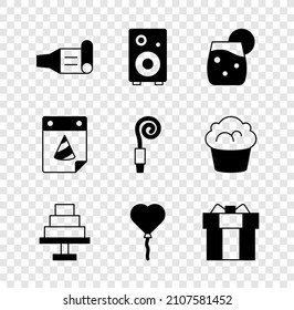 Set Birthday party horn, Stereo speaker, Cocktail, Cake, Balloons in form of heart, Gift box, Calendar and  icon. Vector
