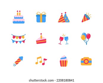 Set of birthday party icons with flat style isolated on white background. Birthday party elements