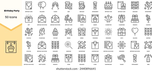 Set of birthday party icons. Simple line art style icons pack. Vector illustration