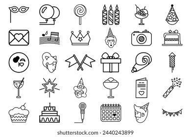 Set of birthday party icons and symbol. Outline of festive gifts, souvenirs, treats, guests in fancy dress. Simple linear icon collection isolated on white background