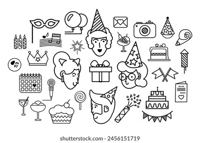 Set of birthday party icons and symbol. Outline of festive gifts, souvenirs, treats, guests in fancy dress. Simple linear icon collection isolated on white background