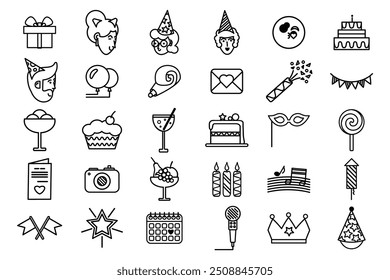 Set of birthday party icons and symbol. Outline of festive gifts, souvenirs, treats, guests in fancy dress. Simple linear icon collection isolated on white background