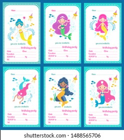 Set of birthday party invitations with mermaids and the place for text, template collection, vector illustration.