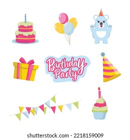Set of birthday party isolated elements Vector illustration with concept Greeting card, invitation design elements. Character Cake with candles, balloons, party decoration gifts on a white background.