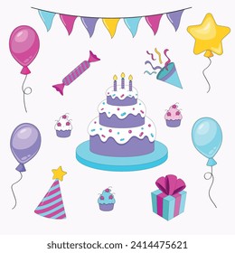 A set of birthday party items on a white background.