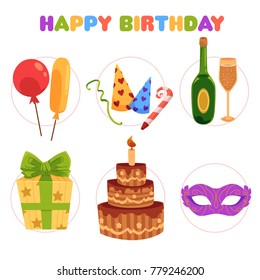 Set of birthday party objects - cake, balloons, present box, champagne, hats, horns, cartoon vector illustration isolated on white background. Cartoon set of birthday party items, decoration elements