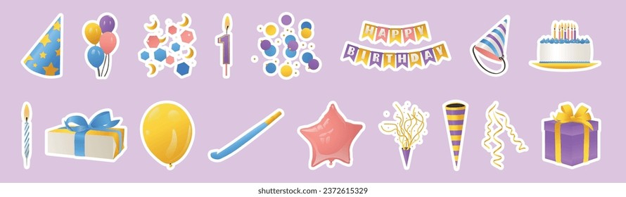 Set for birthday party on lilac background