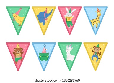 Set of Birthday party templates with cute animals. Anniversary triangle flags collection. Bright pre-made holiday event designs for kids. Pack of decorations for candy bar
