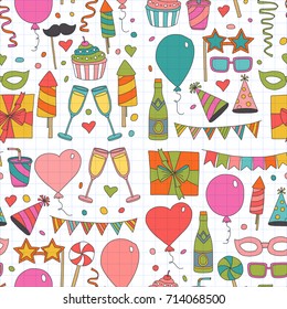 Set of birthday party vector design elements. Kids drawing. Doodle icons Colorful balloons, flags, confetti, cupcakes, gifts, candles, bows and decorative ribbons. Checked notepad paper