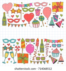 Set of birthday party vector design elements. Kids drawing. Doodle icons Colorful balloons, flags, confetti, cupcakes, gifts, candles, bows and decorative ribbons. Checked notepad paper
