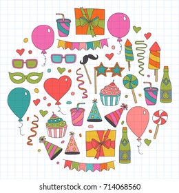 Set of birthday party vector design elements. Kids drawing. Doodle icons Colorful balloons, flags, confetti, cupcakes, gifts, candles, bows and decorative ribbons. Checked notepad paper