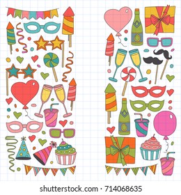 Set of birthday party vector design elements. Kids drawing. Doodle icons Colorful balloons, flags, confetti, cupcakes, gifts, candles, bows and decorative ribbons. Checked notepad paper