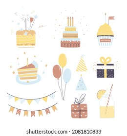 El conjunto de ilustraciones vectoriales de fiesta de cumpleaños con pasteles, globos, regalos, cóctel, banderas. Elementos aislados dibujados a mano.