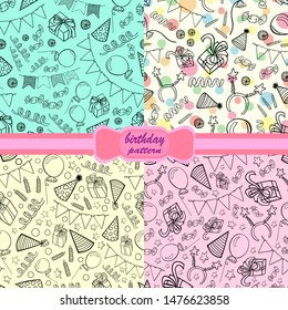 Set of birthday pattern sketch vector seamless background illustration of both balloon greetings gifts
