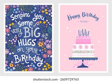 Set of birthday postcards with cake, flowers and hand writing. Invitations, happy birthday. Vector templates great for card, poster, flyer or banner