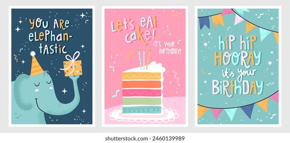 Set of birthday postcards with  confetti, balloons, a cute elephant and hand writing. Invitations, happy birthday. Vector templates great for card, poster, flyer or banner