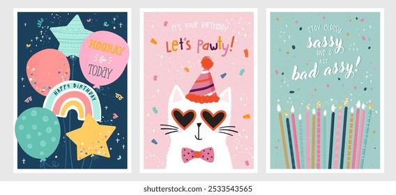 Set of birthday postcards with  confetti, balloons, candles, a cute kitty and hand writing. Invitations, happy birthday. Vector templates great for card, poster, flyer or banner